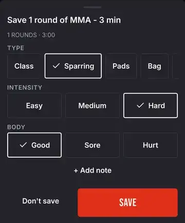 Session done sheet: choose session type, intensity and how your body feels, then Save